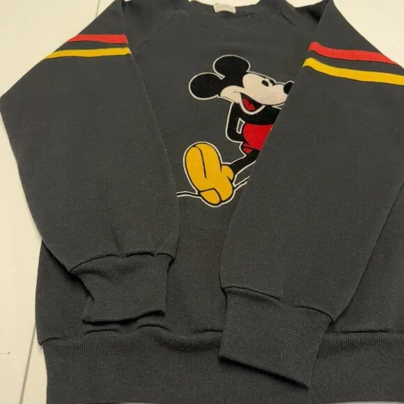Vintage 80s Mickey Mouse Sweatshirt Small 16x22.5 Raglan Black Velvet USA - Picture 9 of 12